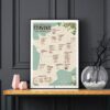 french cheese map poster, a french cheeses list by regions, dark background