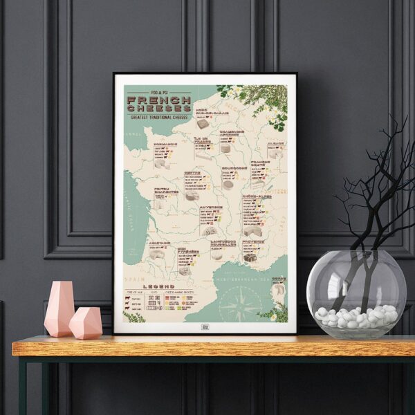 french cheese map poster, a french cheeses list by regions, dark background