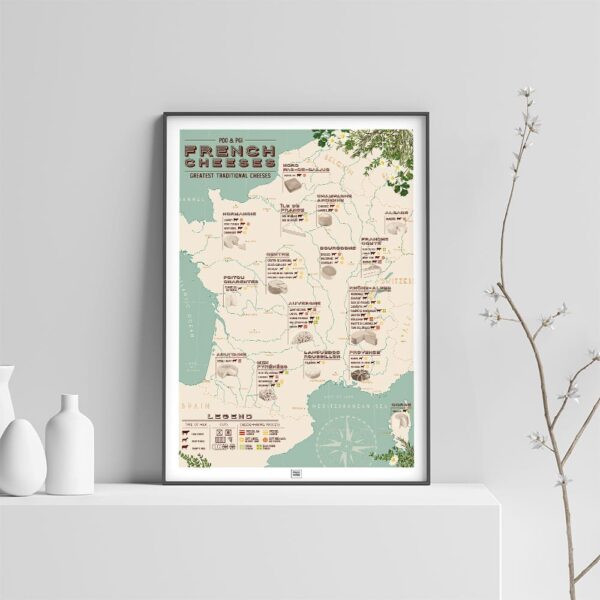 french cheese map poster, a french cheeses list by regions, light background