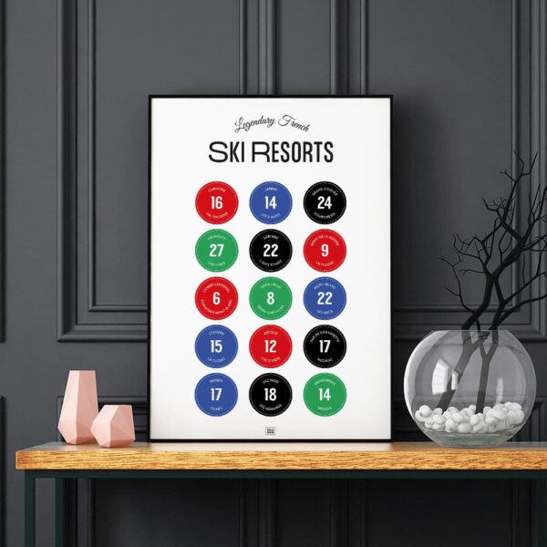 French Ski Resorts Poster, a ski slopes signs poster, dark background