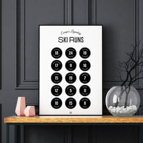 European Ski Runs Poster with black ski slopes signs, dark background