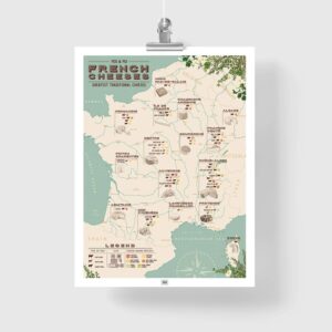 french cheese map poster, a french cheeses list by regions