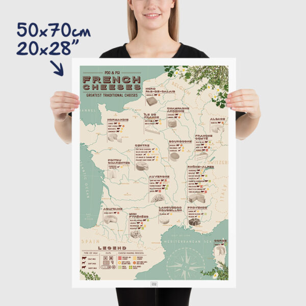 french cheese map poster, a french cheeses list by regions, size 50x70cm, 20x28"