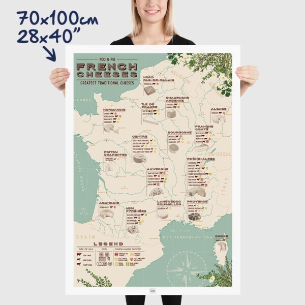french cheese map poster, a french cheeses list by regions, size 70x100cm, 28x40"