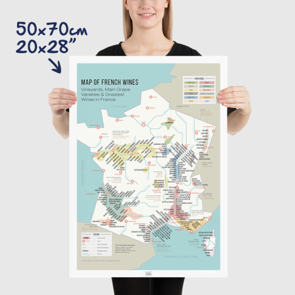 map of french wines, a France Map of Vineyards Wine Regions, size 50x70cm, 20x28"