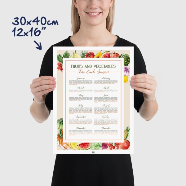 fruits and vegetables in season by month, a fruits and vegetables calendar, size 30x40cm, 12x16"