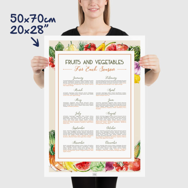 fruits and vegetables in season by month, a fruits and vegetables calendar, size 50x70cm, 20x28"
