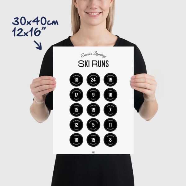European Ski Runs Poster with black ski slopes signs, size 30x40cm, 12x16"