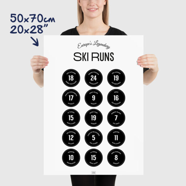 European Ski Runs Poster with black ski slopes signs, size 50x70cm, 20x28"