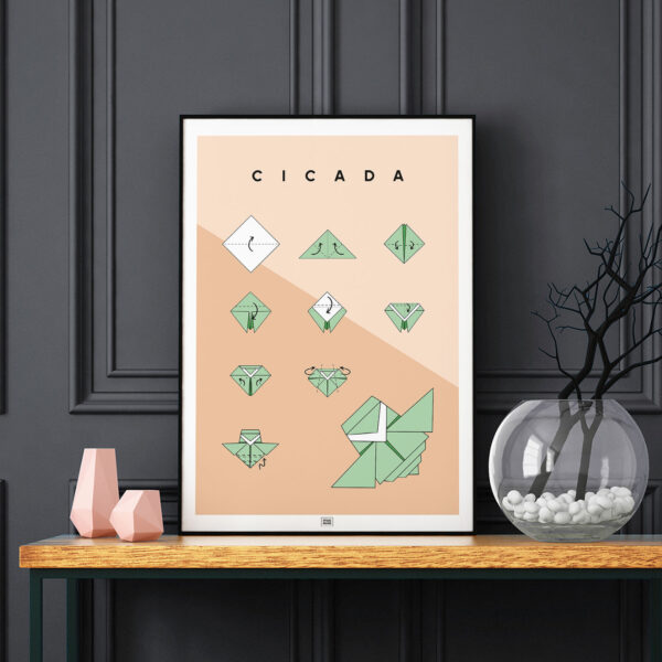 Origami cicada poster dark background
