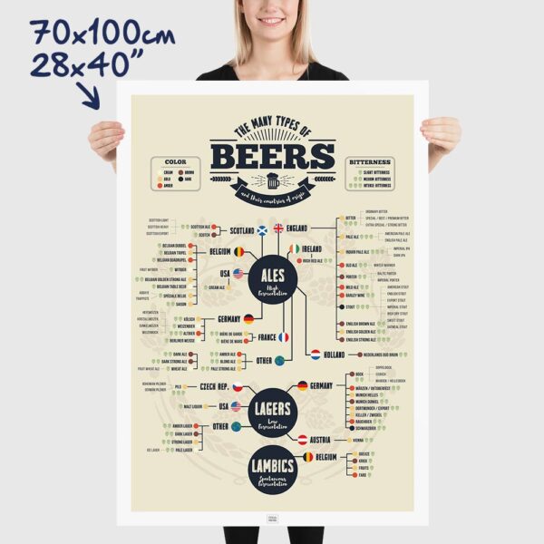 beer poster of the beers of the world, vintage poster, size 70x100cm, 28x40"